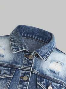 Teen Girl Bleach Wash Ripped Frayed Denim Jacket - Dark Wash - View 3