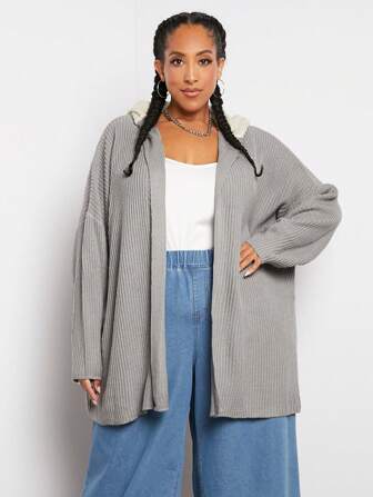 SHEIN CURVE+ Plus Size Drop Shoulder Hooded Cardigan