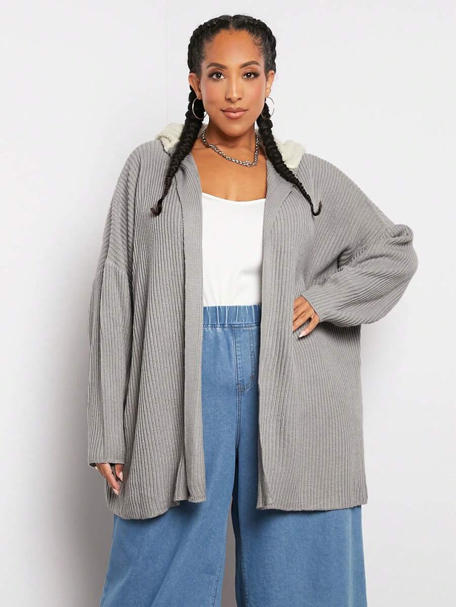 SHEIN CURVE+ Cardigan à capuche avec épaules tombantes grande taille