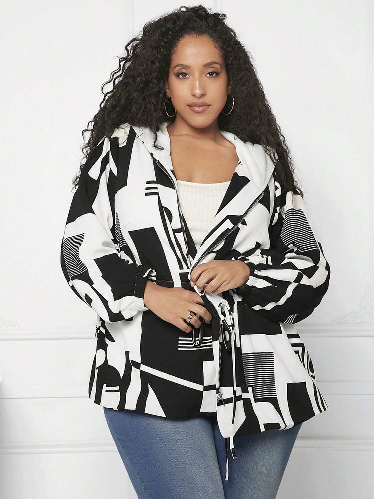 Plus Geo Print Drawstring Waist Hooded Coat
