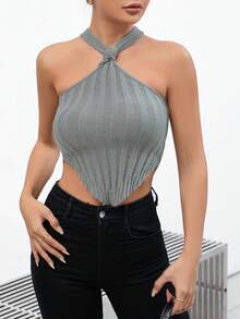 SHEIN EZwear 實心不對稱下擺領帶針織上衣，派對時尚上衣 - 淺灰色 - 查看 4