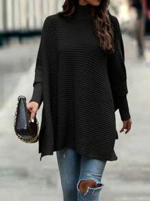 EMERY ROSE Turtleneck Batwing Sleeve Poncho Sweater - Black - View 4
