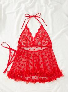 Plus Heart Pattern Contrast Lace Sheer Lingerie Set - Red - View 2