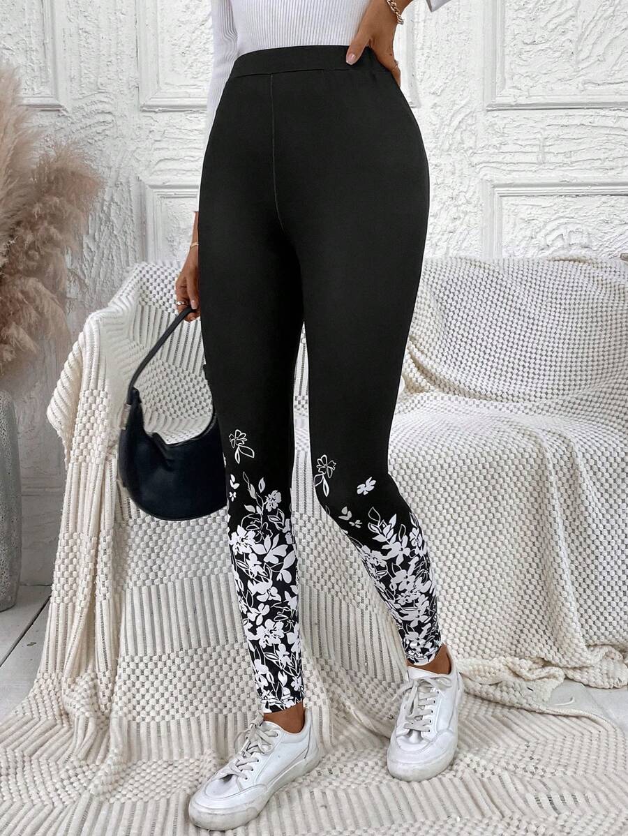 SHEIN LUNE 印花緊身打底褲 - 黑色 - 查看 1