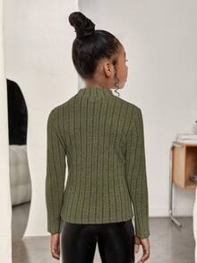 SHEIN Tween Girl Solid Color Casual Stand Collar Knitted T-Shirt With Striped Detailing - Army Green - View 2