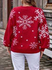 SHEIN Franclia 大碼雪花圖案落肩袖套頭毛衣 - 紅色 - 查看 2