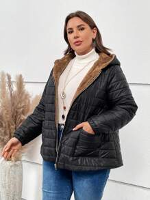 EMERY ROSE Plus Dual Pocket Teddy Lined Hooded Padded Coat Winter Fall Autumn - Black - View 3