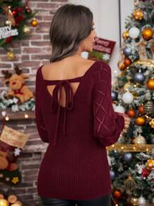 SHEIN LUNE Christmas Tie Back Lantern Sleeve Pointelle Knit Sweater - Red - View 3