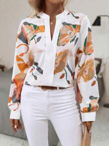 SHEIN Clasi Áo cổ chữ V in hoa - trắng - Xem 3