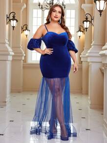 SHEIN Belle Hơn Vai lạnh Lưới tương phản Nàng tiên cá Hem Nhung Váy phù dâu - Màu xanh lam - Xem 6