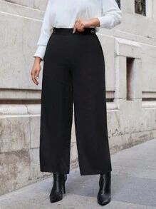 RueChic Plus Solid Wide Leg Pants - Black - View 1