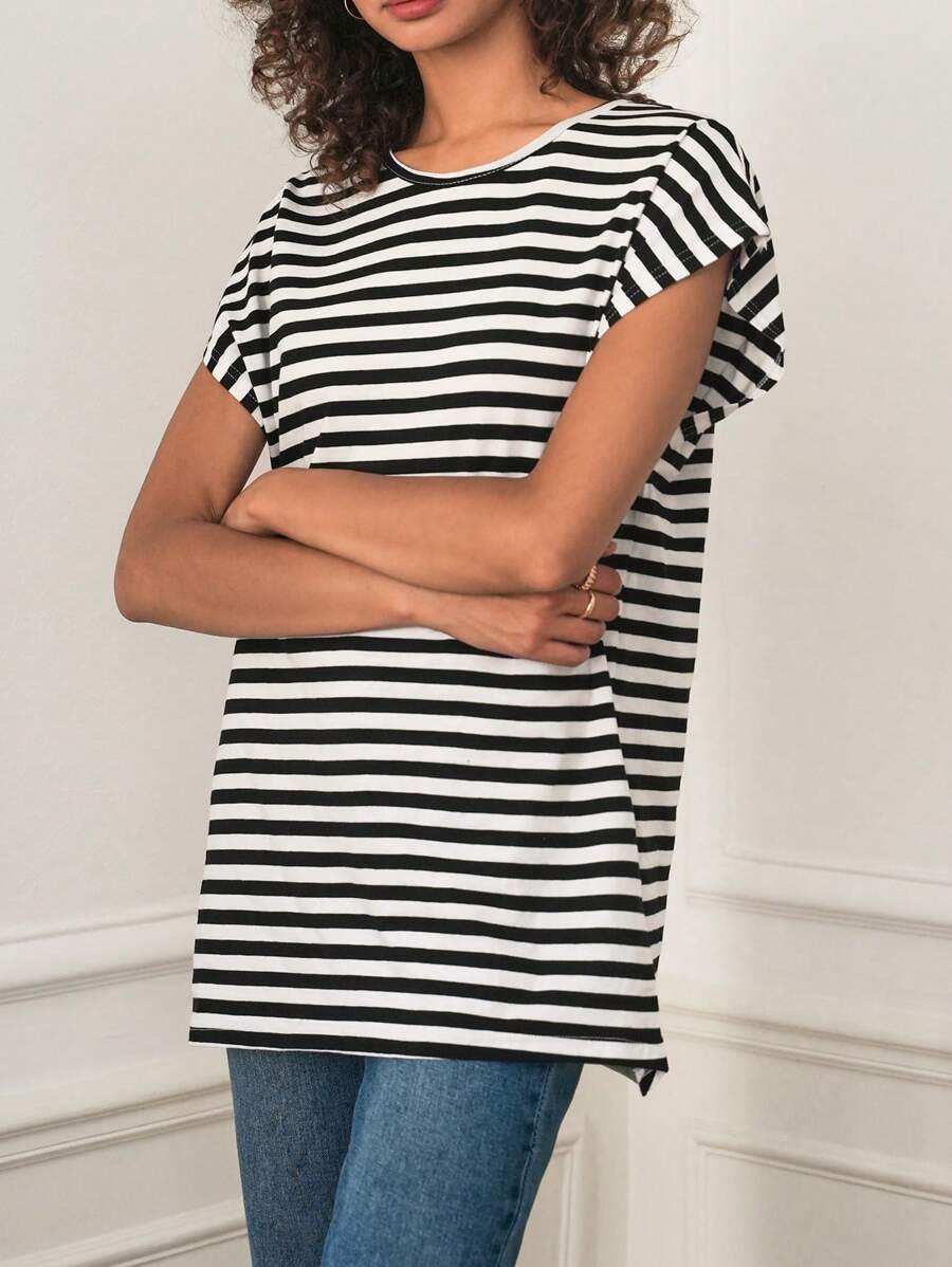 RueChic Striped Print Batwing Sleeve Tee - Multicolor - View 1