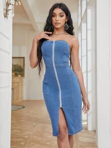 Jeanskleid mit Reißverschluss und ohne Träger - Mittele Waschung - Übersicht 6