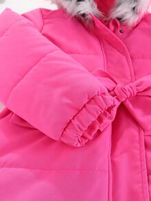 SHEIN Young Girl Fuzzy Trim Hooded Belted Padded Coat - Hot Pink - View 5