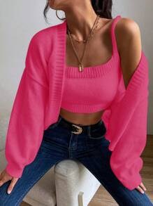 SHEIN Unity 素色針織吊帶短上衣&落肩袖開襟開衫 - 玫紅色 - 查看 1