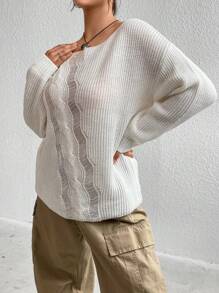 Flirla Pull tricoté à mailles côtelées avec épaules tombantes, pull-over tricoté pour l'automne et l'hiver - Blanc - Voir 5