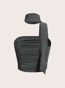 SHEIN ICON 純色褶邊側短款上衣 - 灰色 - 查看 2