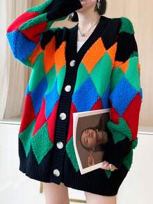 Argyle Plaid Drop Shoulder Oversized Cardigan - Black - View 7