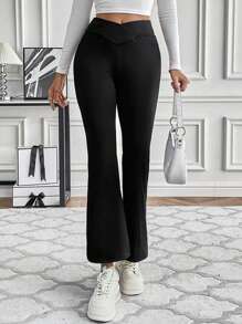 SHEIN LUNE Solid Flare Leg Pants - Black - View 3