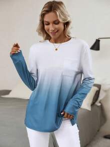SHEIN LUNE Ombre Pocket Patched Tee - Blue - View 3