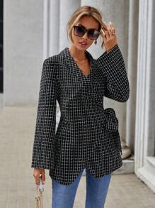 SHEIN Clasi Plaid Print Knot Side Wrap Coat - Black and White - View 1