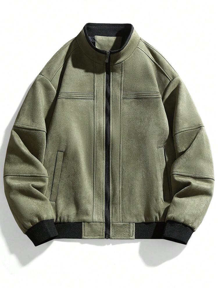 Loose Fit Men's Suedette Jacket With Slant Pockets, Zipper Closure And Thermal Lining