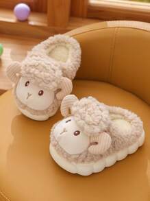 Cute Sheep Design Girls' Indoor Winter Warm Slippers, Non-slip Cartoon Children's Comfortable Shoes - Khaki - View 3