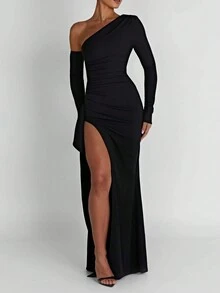Asymmetric Neckline High Slit Dress, Sexy For Wedding, Birthday, Club, Fall Back To School, Christmas, Country Music Concert - Black - View 7