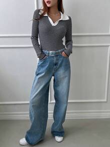 DAZY 条纹撞色领毛衣，秋装 - 藍白色 - 查看 7