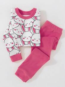 Young Girl Warm Flannel Cute Rabbit Print  Snug Fit Pajama Set - Rose Red - View 1