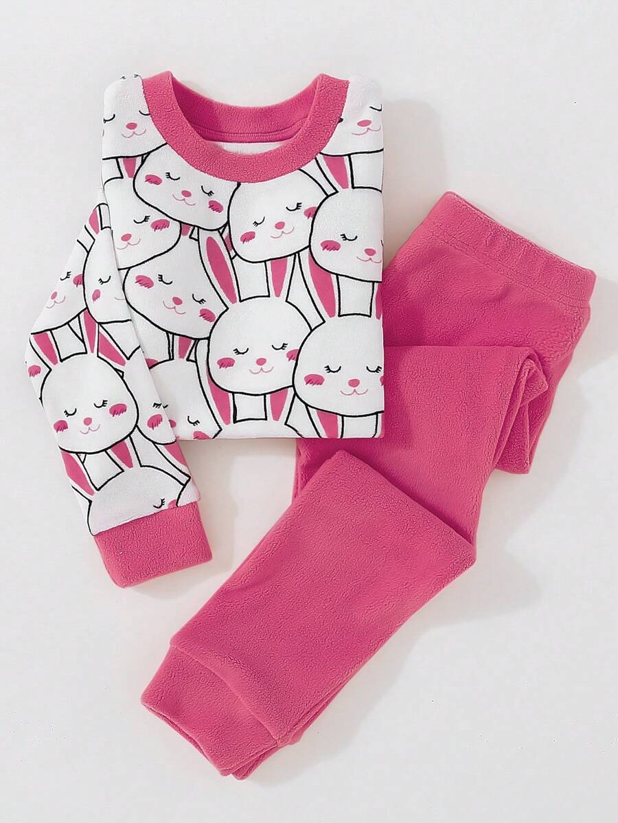 Young Girl Warm Flannel Cute Rabbit Print  Snug Fit Pajama Set - Rose Red - View 1