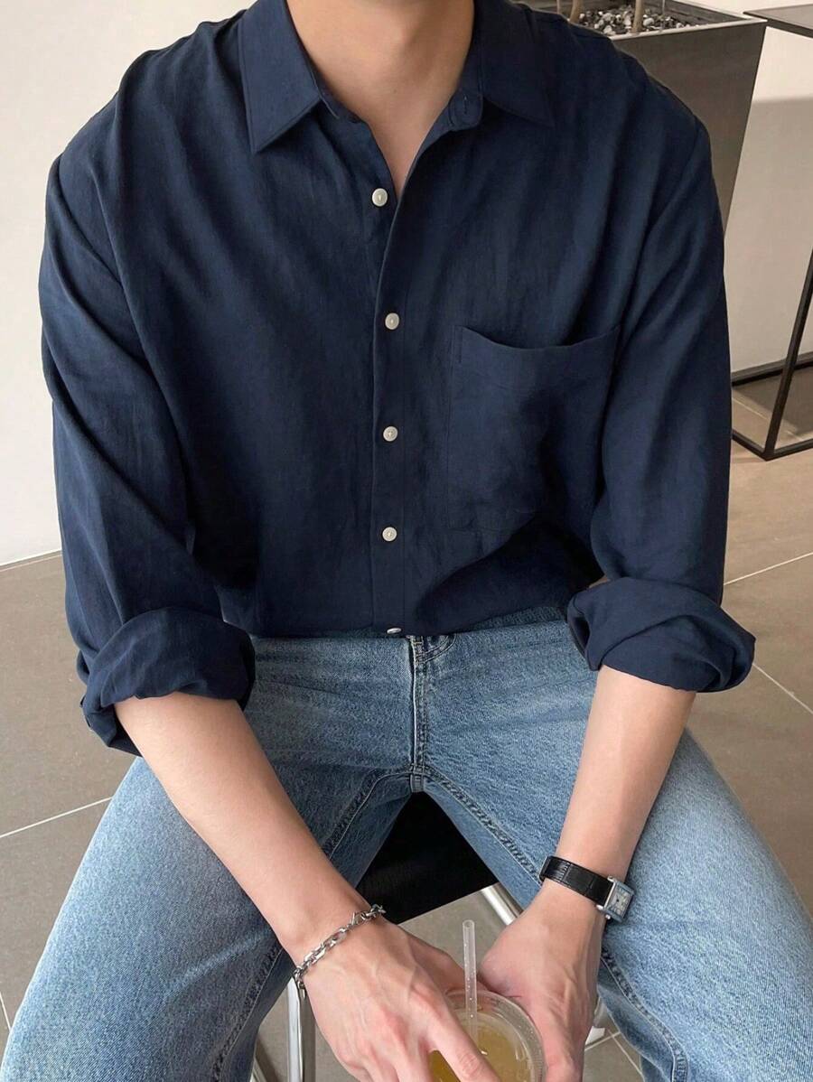 DAZY Men Solid Pocket Patched Button Front Shirt, Fall Long Sleeve Men Shirt