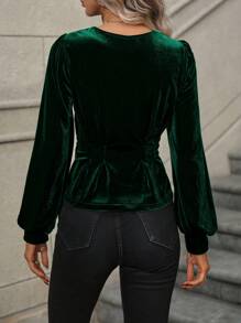 SHEIN Clasi Lantern Sleeve Button Front Velvet Blouse - Dark Green - View 2