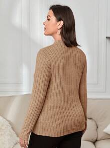 SHEIN Essnce Plus Mock Neck Ribbed Knit Tee - Camel - View 2