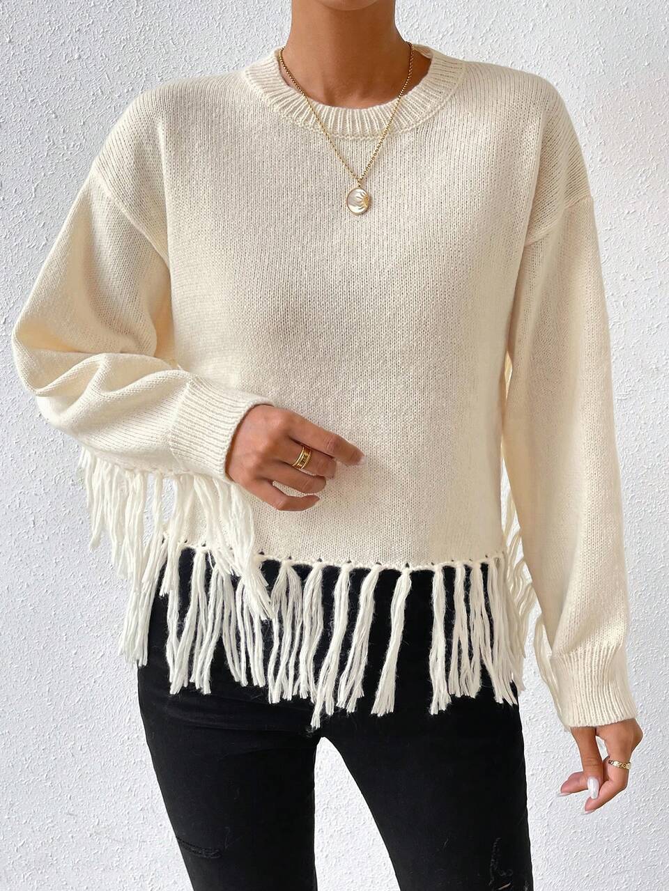 Fringe Trim Drop Shoulder Knit Pullover Fall Winter Sweater