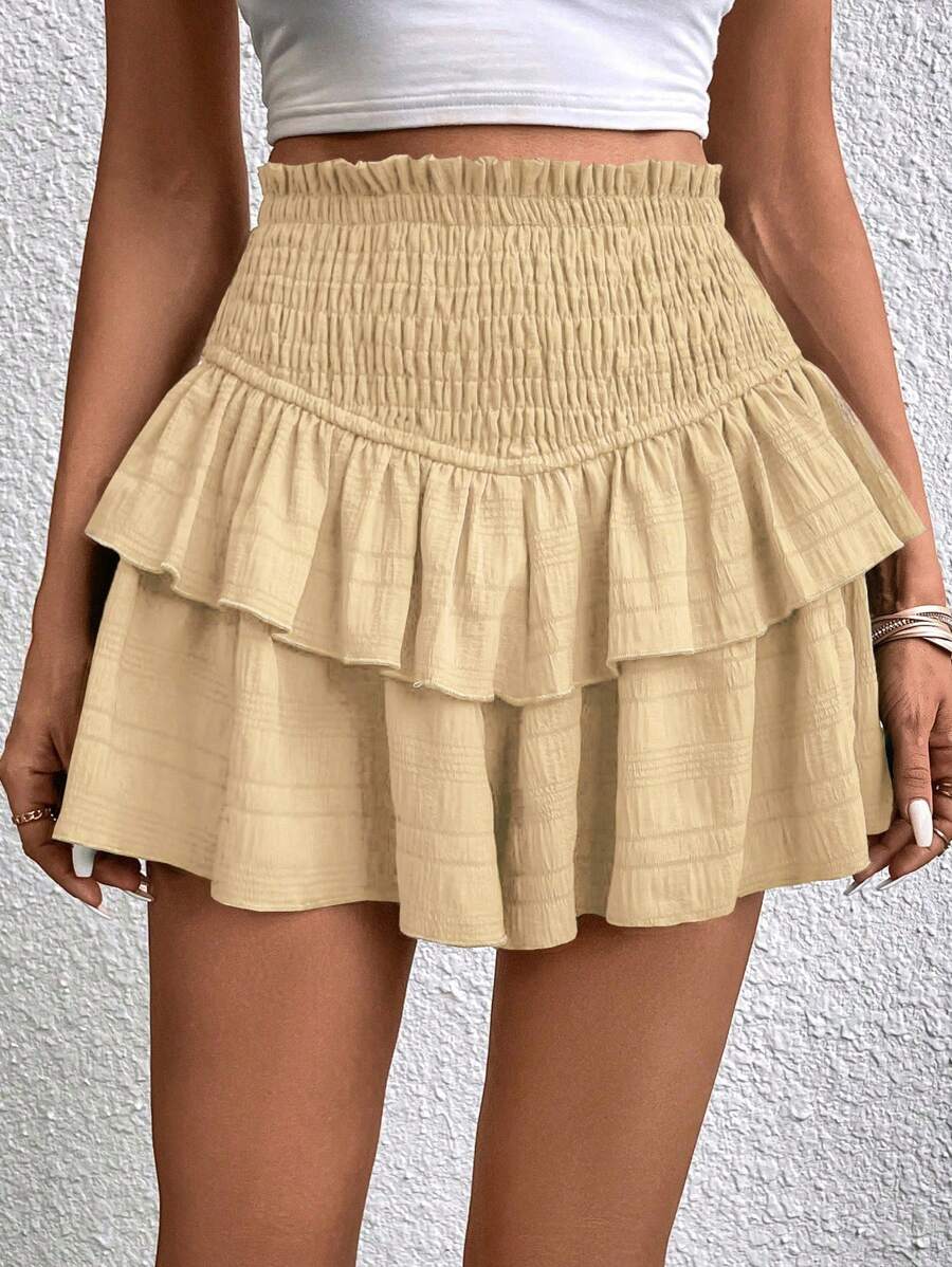 SHEIN VCAY Nếp gấp cao eo Viền Ruffle Váy quần - Màu Khaki - Xem 1