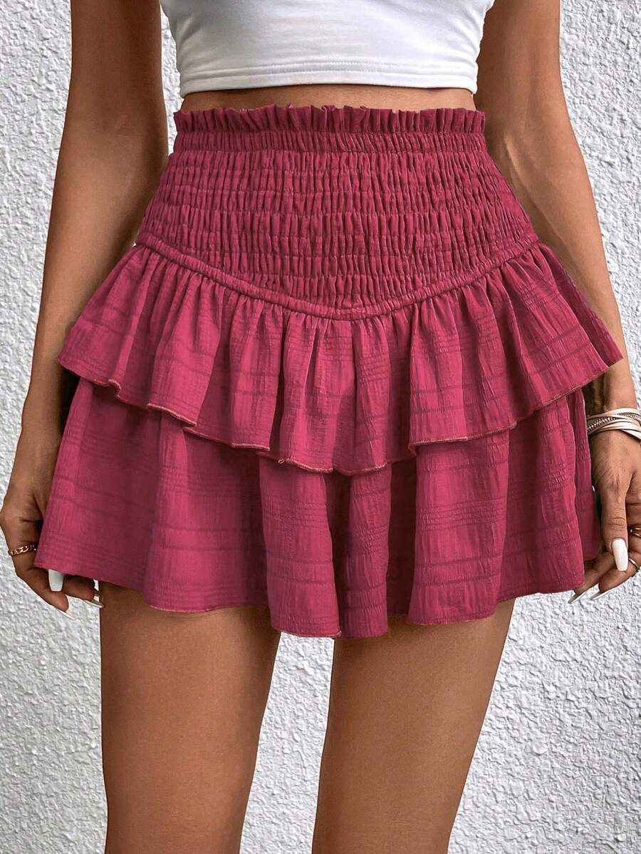 SHEIN VCAY 高腰荷葉邊裙裤 - 紅色 - 查看 1