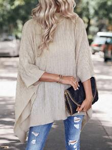 SHEIN LUNE 纯色蝙蝠袖不对称下摆针织斗篷套头衫毛衣秋冬款 - 卡其色 - 查看 4