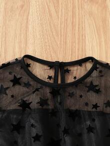 SHEIN 女大童星星印花荷葉袖網紗覆蓋洋裝 - 黑色 - 查看 3