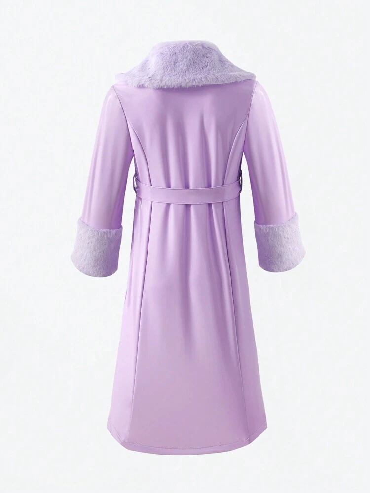 Young Girl Fuzzy Collar Belted PU Leather Coat