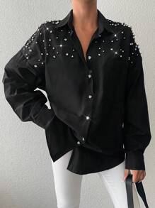 RueChic 仿珍珠串珠落肩衬衫 - 黑色 - 查看 4