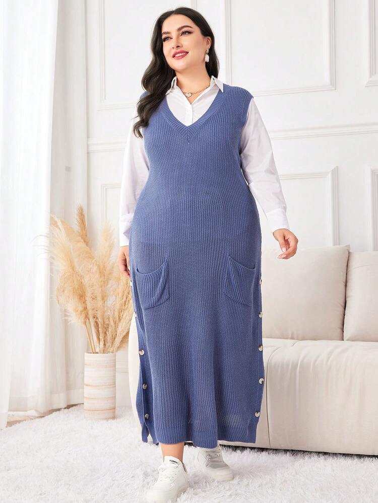 Plus 1pc Dual Pocket Split Hem Sleeveless Sweater Dress Without Belt