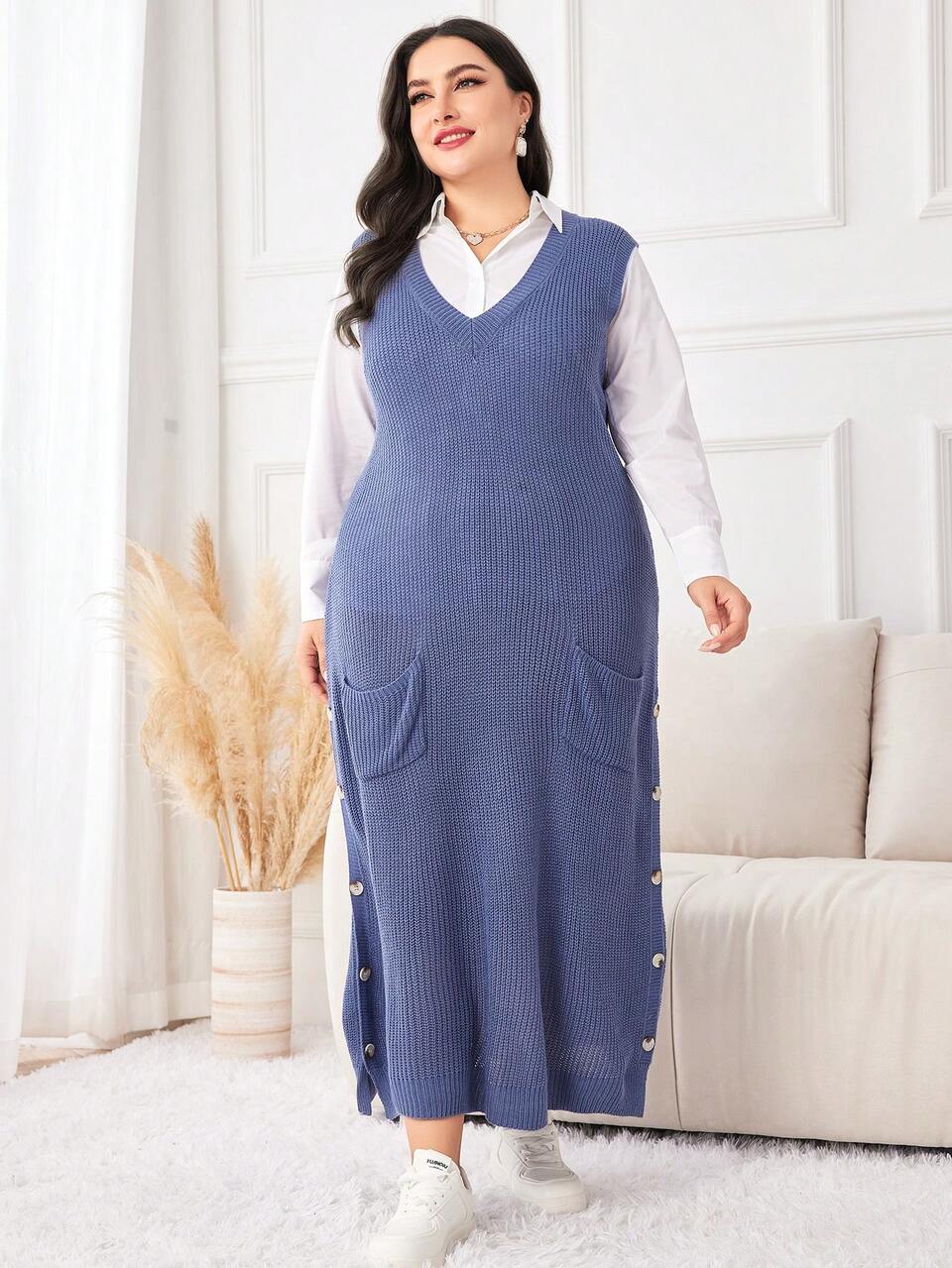 Plus 1pc Dual Pocket Split Hem Sleeveless Sweater Dress Without Belt