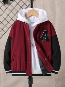 SHEIN Tween Boy Letter Patched Striped Trim Drop Shoulder Varsity Jacket Without Hoodie - Burgundy - View 1
