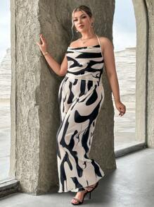 SHEIN Privé Plus Allover Print Drape Front Halter Top & Wide Leg Pants