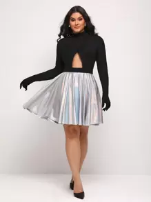 Serita Bell Designer Plus Mock Neck Cut Out Front Metallic Dress, Elegant Dress,Fall New Year Eve Outfit, For Autumn, Holiday, Party - Multicolor - View 3