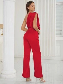 One Shoulder Ruched Flare Leg Jumpsuit - Red - View 5