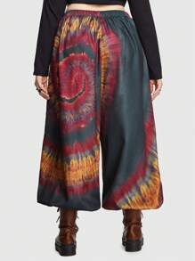 ROMWE Hippie Plus Tie Dye Elastic Waist Lantern Sleeve Pants - Multicolor - View 3