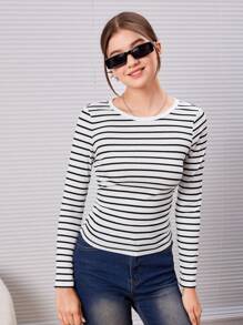 SHEIN 休闲学院风褶皱圆领条纹长袖少女 T 恤 - 白色 - 查看 3