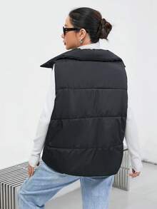 SHEIN Essnce 女士纯色前拉链休闲加垫背心，冬季 - 黑色 - 查看 2